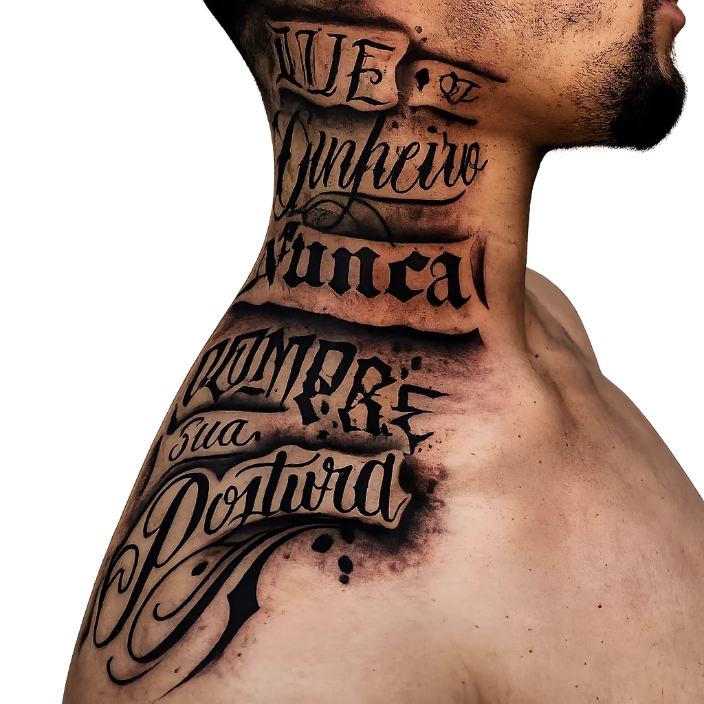 Detalhe de tatuagem lettering no pescoço e peito